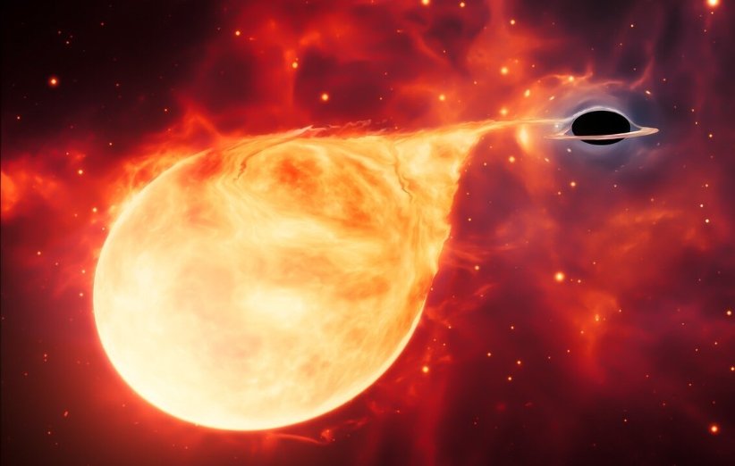 طرحی گرافیکی از فرآیند ازهم‌پاشیدگی (اسپاگتی شدن) یک ستاره توسط سیاهچاله‌ی نزدیک