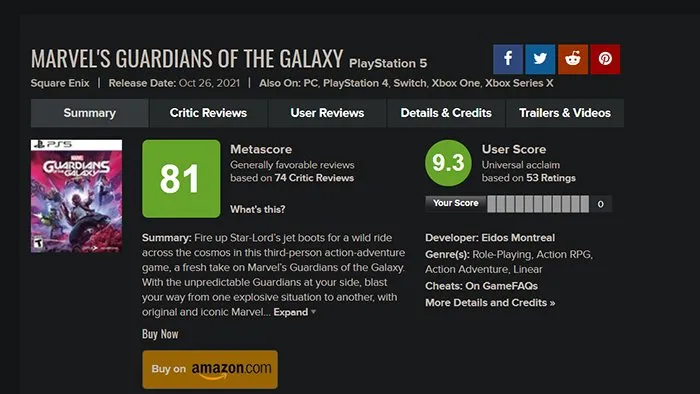 Marvel Gotg metascore