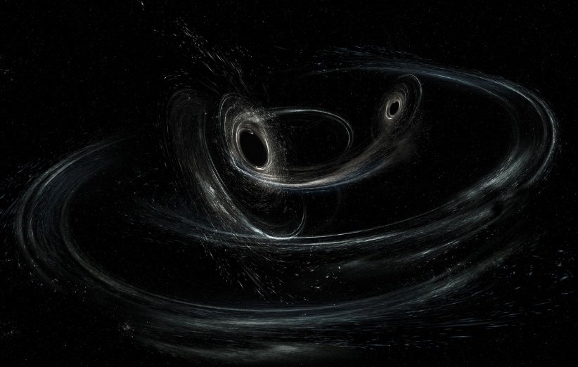 طرحی گرافیکی از ادغام دو سیاهچاله و ایجاد امواج گرانشی