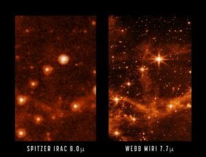 مقایسه‌ی عکس تلسکوپ‌های فضایی جیمز وب (راست) و اسپیتزر (چپ) از ابر ماژلانی بزرگ