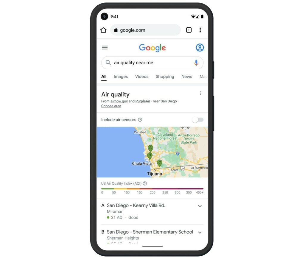 نقشه گوگل کیفیت هوا