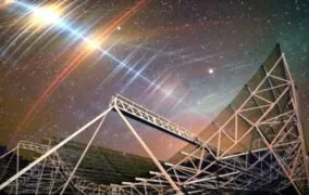 طرحی گرافیکی از رصدخانه‌ی CHIME و فوران رادیویی سریع شناسایی شده