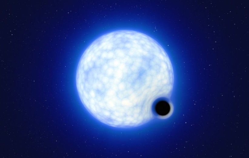 طرحی گرافیکی از یک سیاهچاله و یک ستاره‌ی آبی داغ در منظومه‌ای  دوتایی