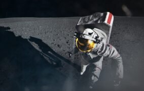 طرحی گرافیکی از پیاده شدن از فرودگر و گام گذاشتن یک فضانورد روی سطح ماه