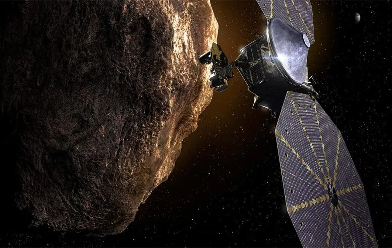 طرح گرافیکی فضاپیمای لوسی ناسا هنگام گذر از نزدیک سیارک های تروجان مشتری