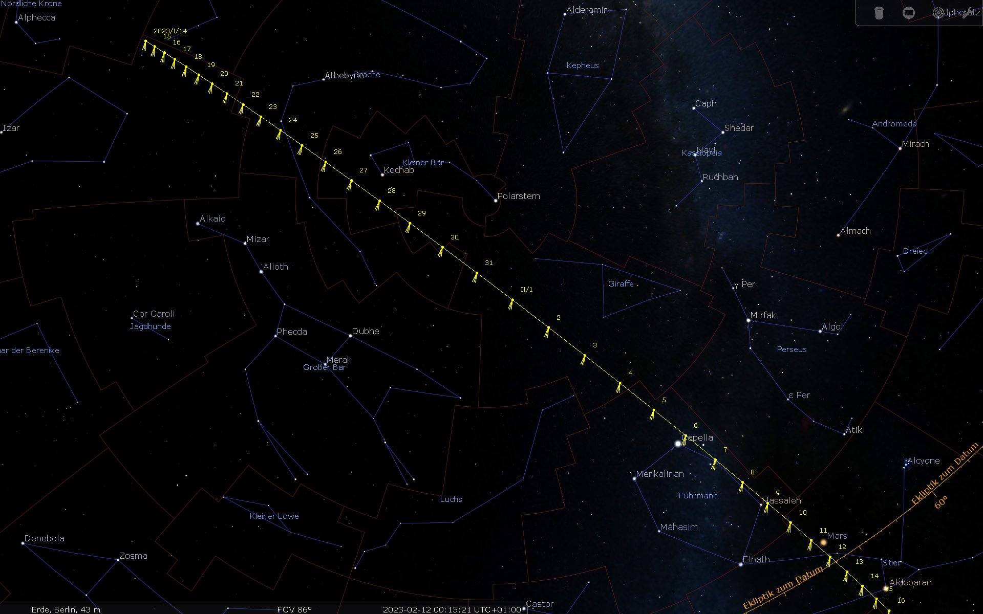 مسیر دنباله دار سبز C/2022 E3 (ZTF) در آسمان شب