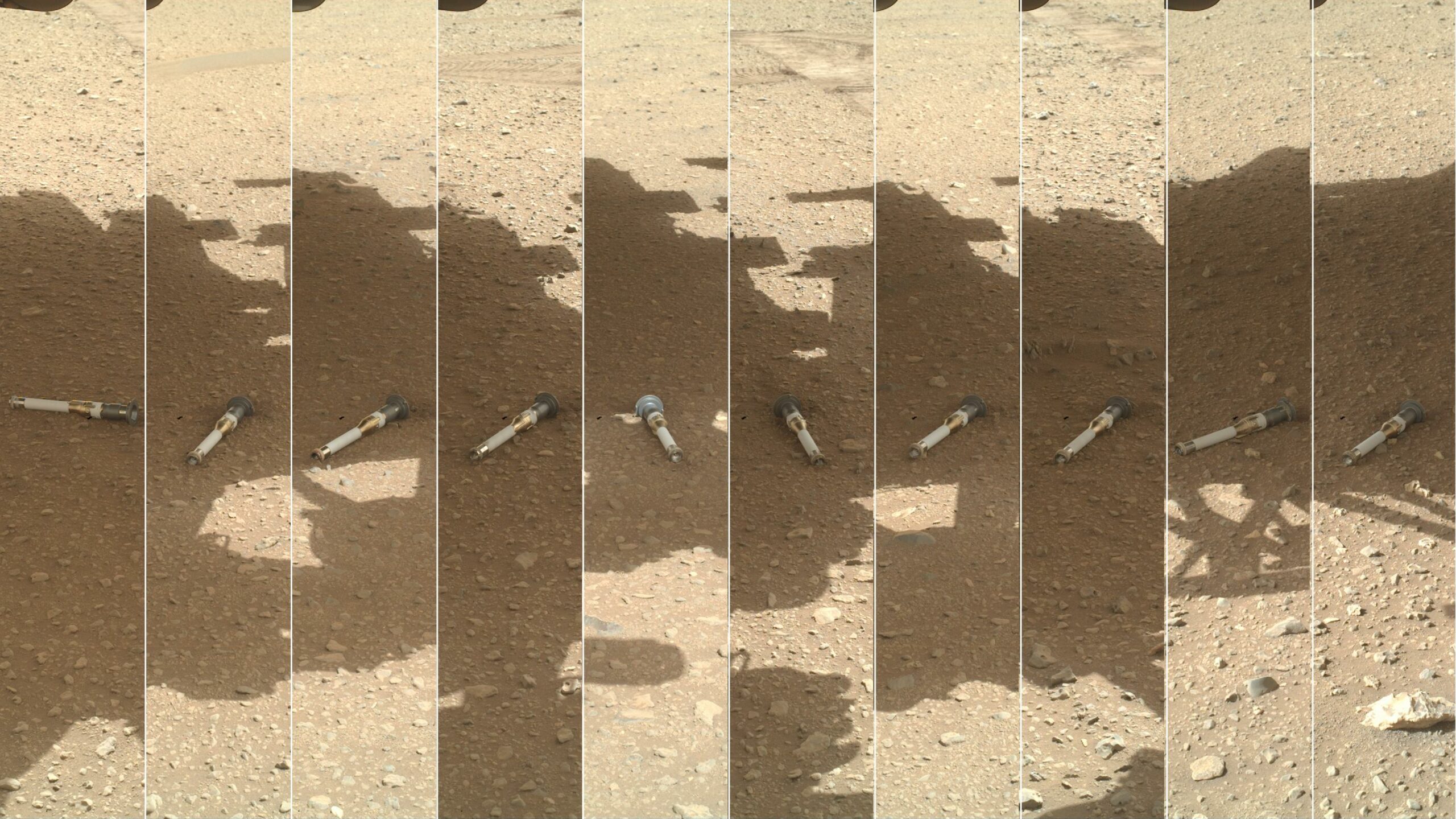 لوله‌های نمونه‌ی مریخ که توسط پشتکار در سطح سیاره رها شده‌اند.