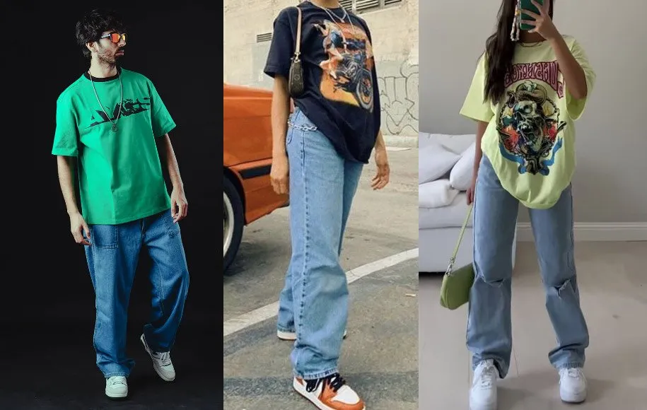 استایل با تی شرت لانگ و شلوار بگ