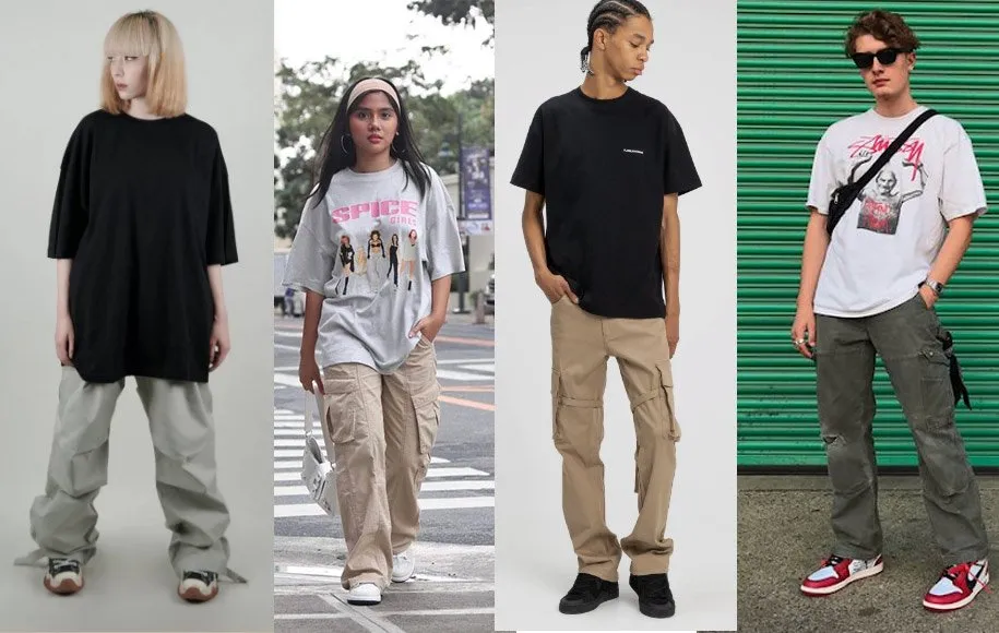 استایل با تی شرت لانگ و شلوار کارگو