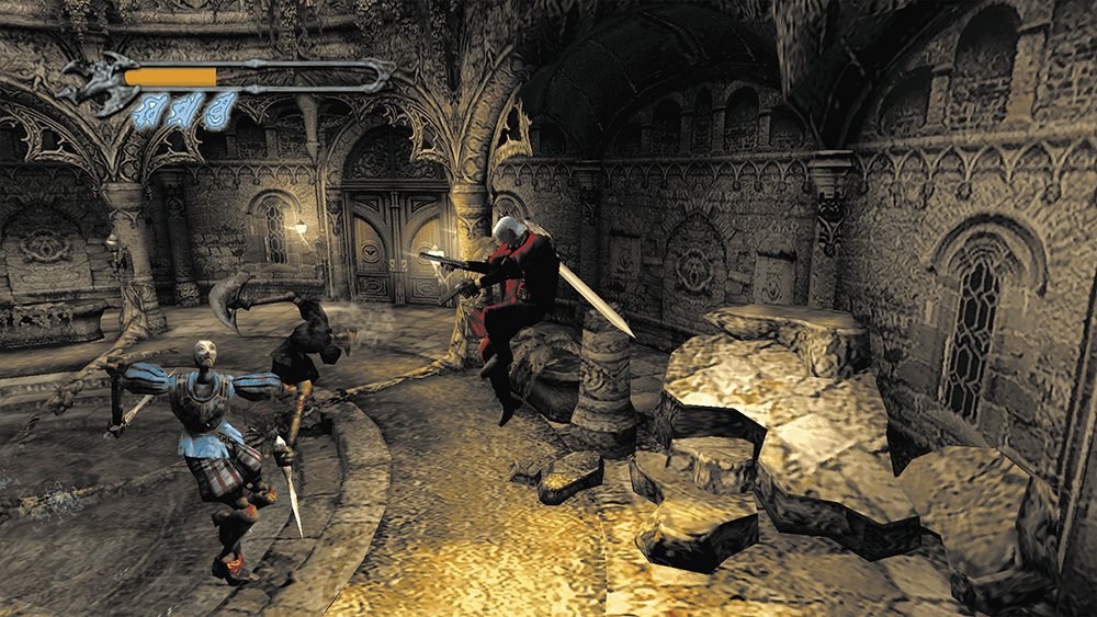 تصویری از بازی Devil May Cry 1 نسخه‌ی بازسازی شده که دانته را در حال مبارزه با دشمنان نشان می‌دهد