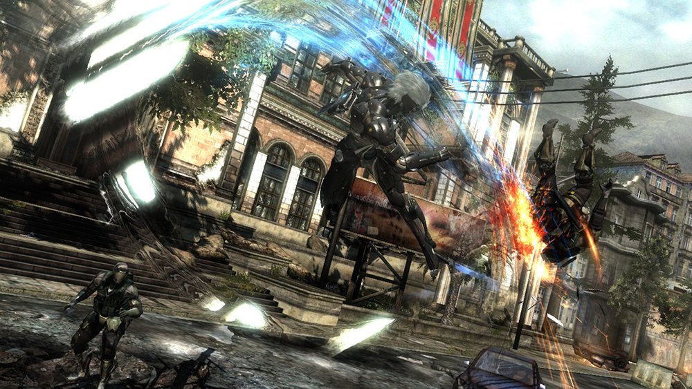 تصویری از بازی Metal Gear Rising با نقش اصلی آن رایدن که مشغول حمله به دشمنان است