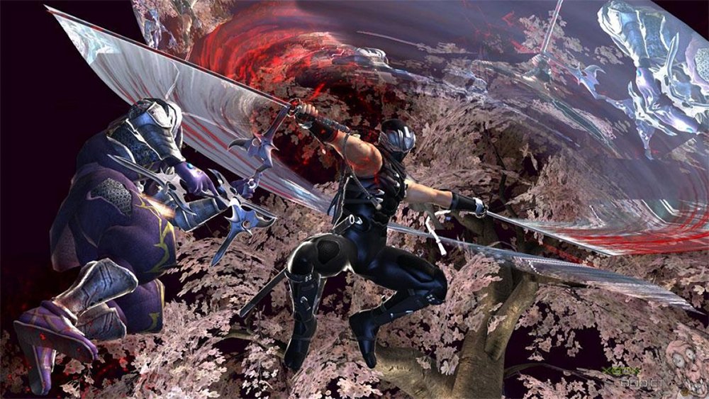 تصویری از بازی Ninja Gaiden 2 که در ژانر هک اند اسلش به سختی و مبارزات سریع مشهور است. در تصویر ریو هایابوسا مشغول مبارزه با دشمنان است.