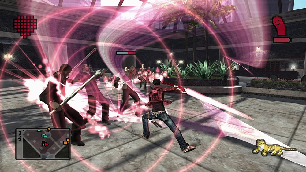 تصویری از بازی No More Heroes 2 که در آن نقش اصلی تراویس تاچ‌داون مشغول مبارزه با دشمنان است