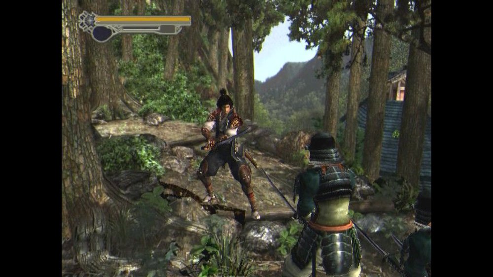 تصویری از بازی Onimusha 2 روی پلی‌استیشن ۲ که در آن نقش اصلی مشغول دوئل با یک دشمن است
