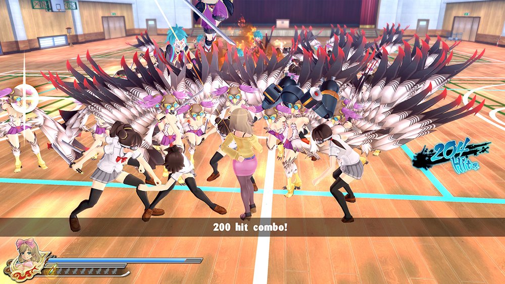 تصویری از مبارزه‌ی بزرگ در بازی Senran Kagura Estival Versus که در آن یک شخصیت مشغول مبارزه با صدها دشمن است