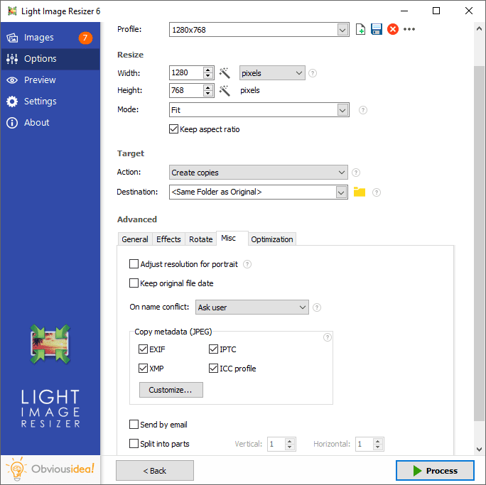 تصویری از محیط برنامه‌ی Light Image Resizer