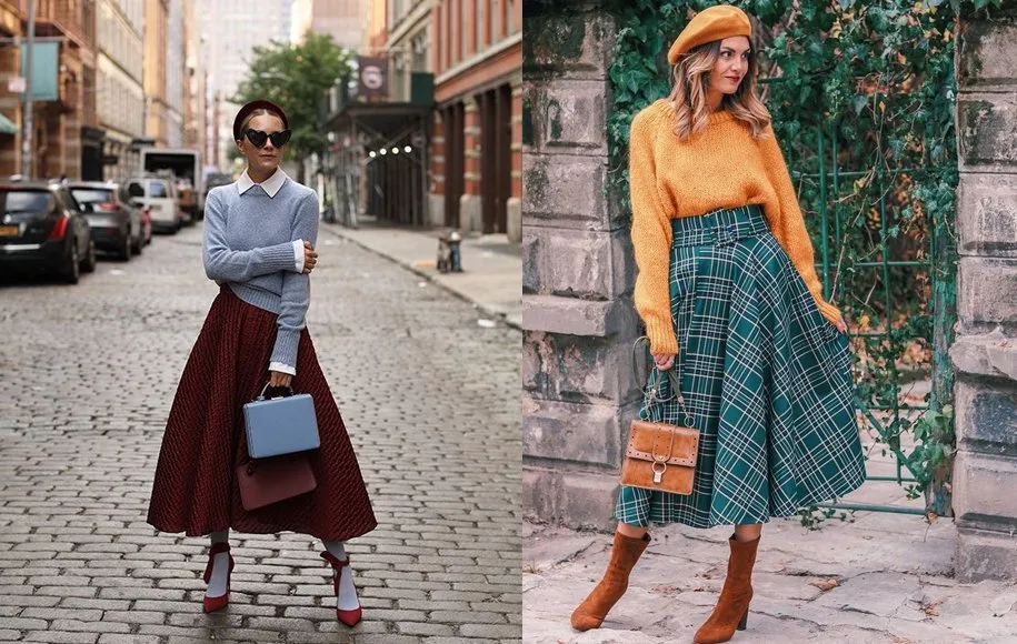 دامن‌های کلوش پشمی در استایل وینتیج و ست کردن آن ها با بافت های یقه اسکی