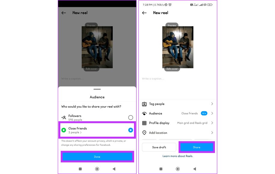 share instagram posts reels stories with close friends