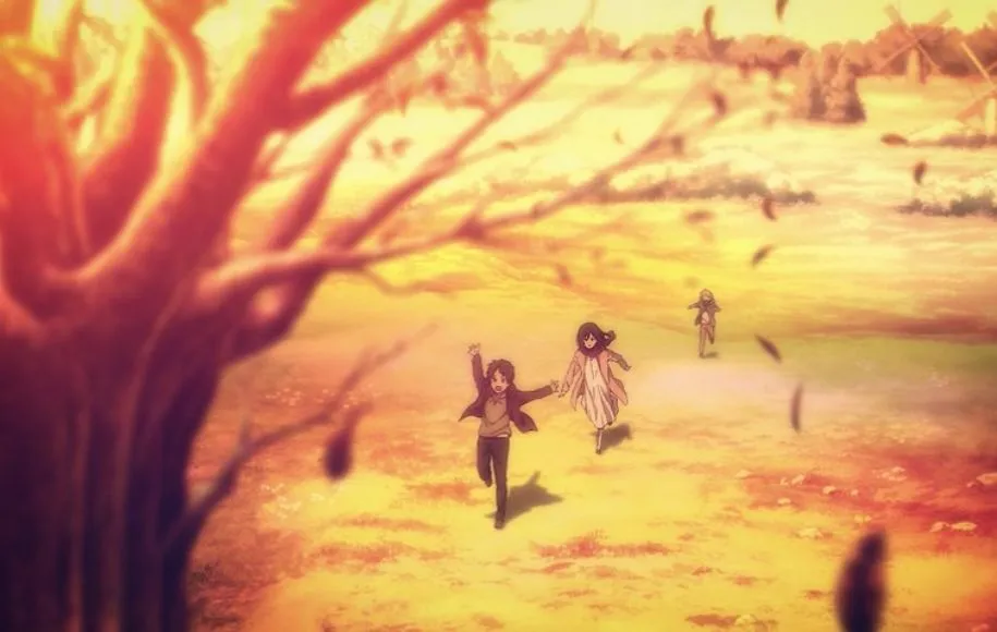 ارن، میکاسا و آرمین درحال مسابقه به سوی درخت