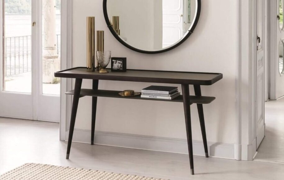 میز کنسول چوبی مشکی همراه با آینه گرد مناسب برای ورودی خانه
