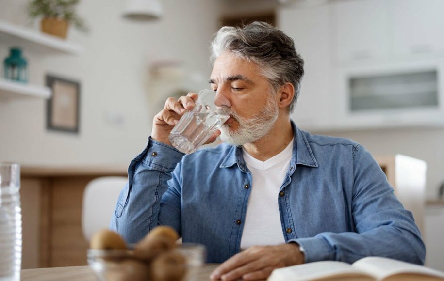 مردی که برای کنترل قند خون یک لیوان آب می‌نوشد
