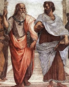 تصویر افلاطون (چپ) و ارسطو در «مکتب آتن» اثر رافائل (1509)