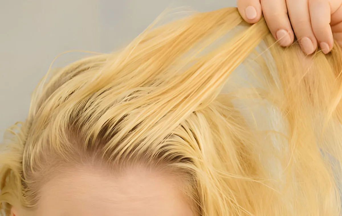 یک زن با موهای زرد رنگ که موهای خود را دست گرفته است