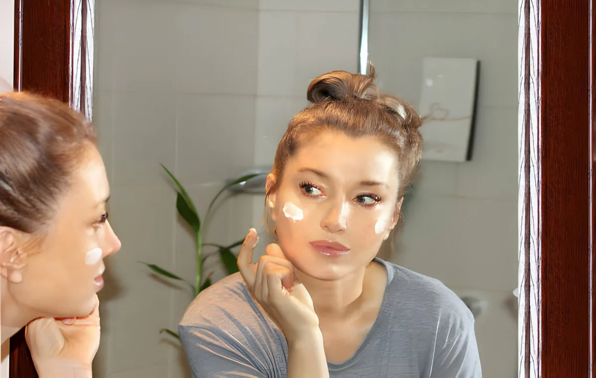 یک زن جوان که در مقابل آینه ایستاده و به صورت خود کرم می‌زند
