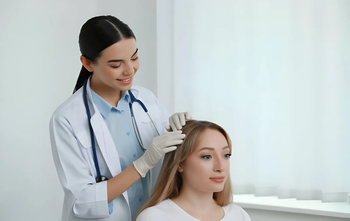 پزشک موهای زن جوان را معاینه می‌کند