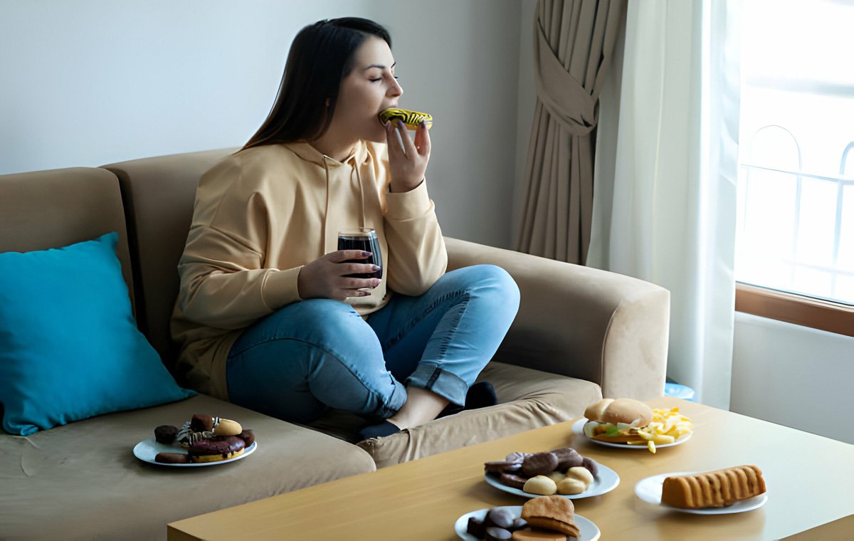 یک زن جوان که روی کاناپه نشسته و در حال خوردن شیرینی و فست فود است