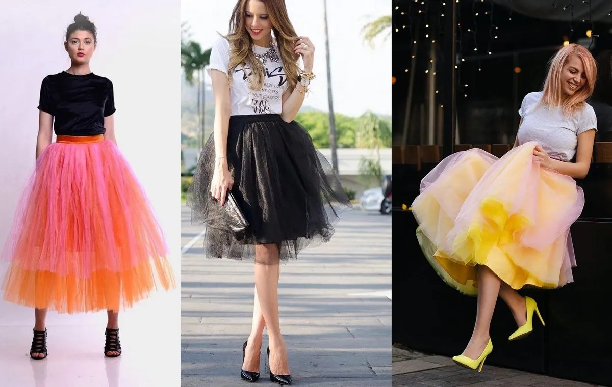 استایل با دامن توری پفی و تی‌شرت