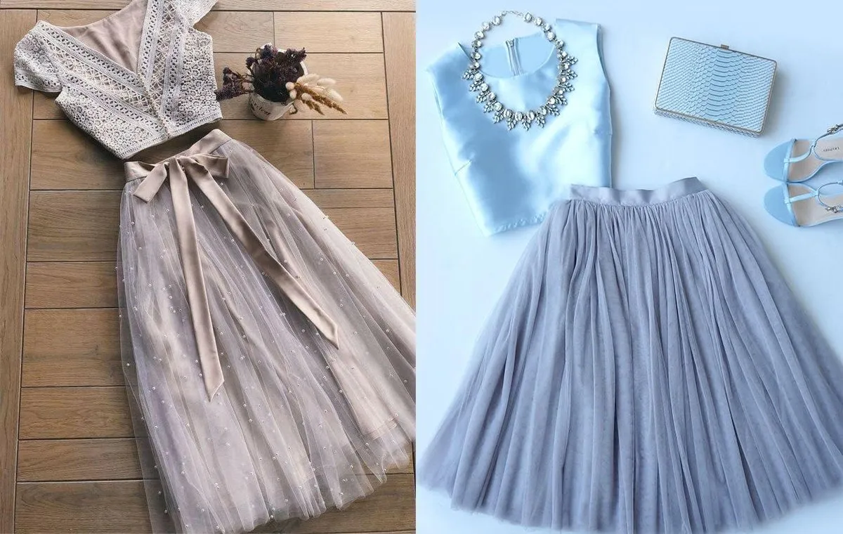 ترکیب تاپ و نیم‌تنه مجلسی با دامن توری پفی