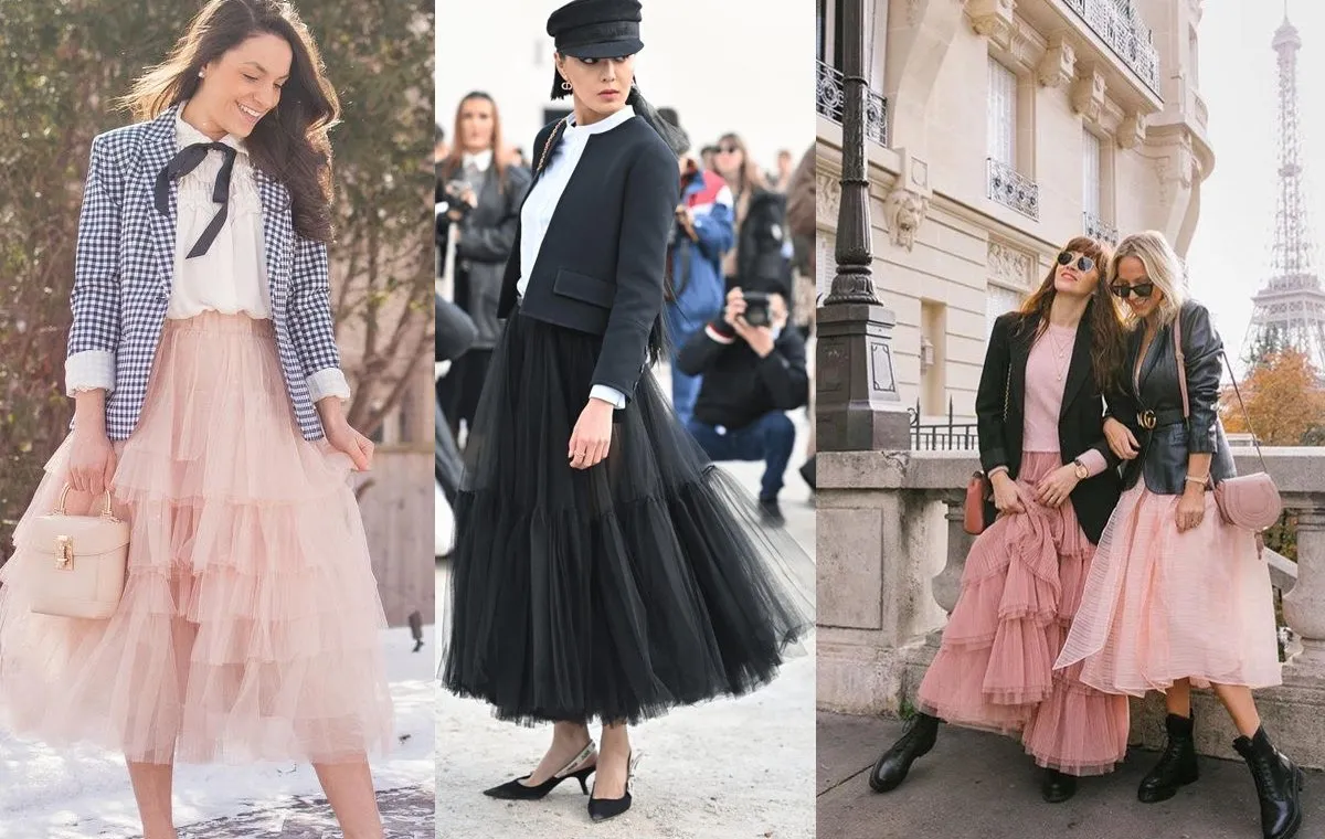 استایل با دامن توری پفی و کت زنانه