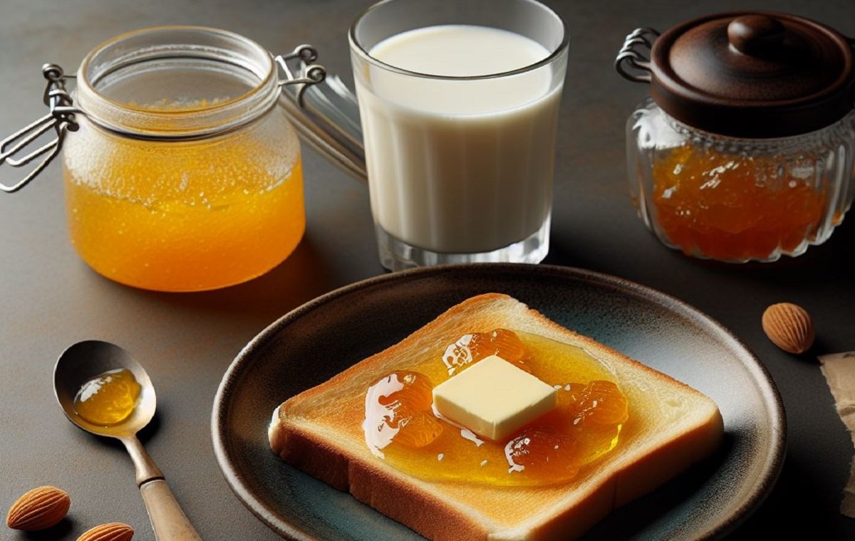 مقداری مربای بهار نارنج درون ظرف شیشه ای روی میز صبحانه در کنار شیر و کره و نان تست است