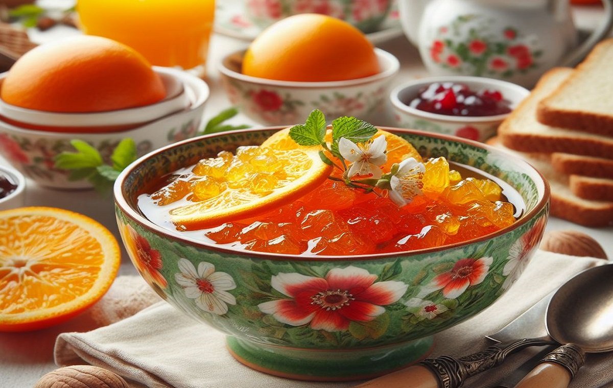 یک ظرف پر از مربای بهار نارنج برای صبحانه روی میز است