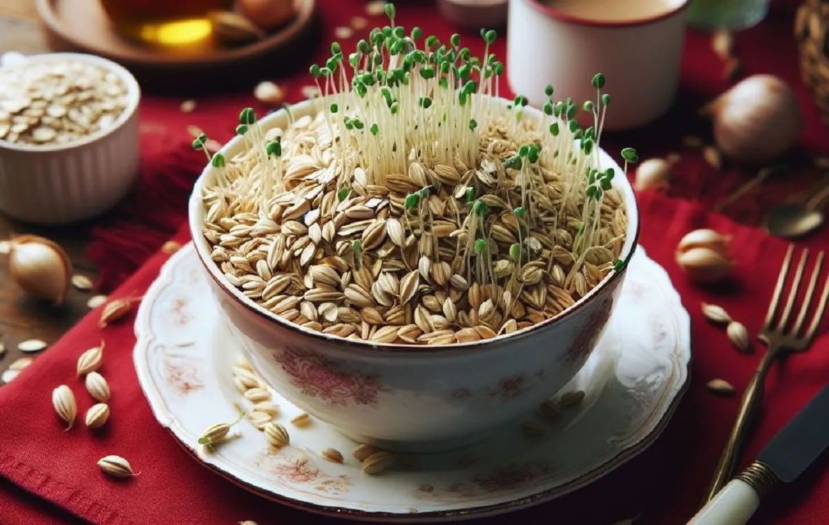 یک کاسه پر از جوانه جو در یک ظرف روی یک میز است