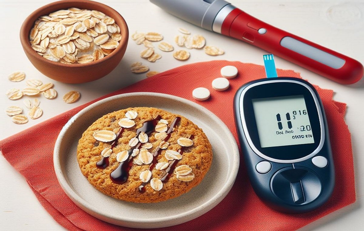 یک دستگاه تست قند خون و یک کیک جو و مقداری دانه جو روی میز است که نشان می دهد جو از دیابت جلوگیری می کند