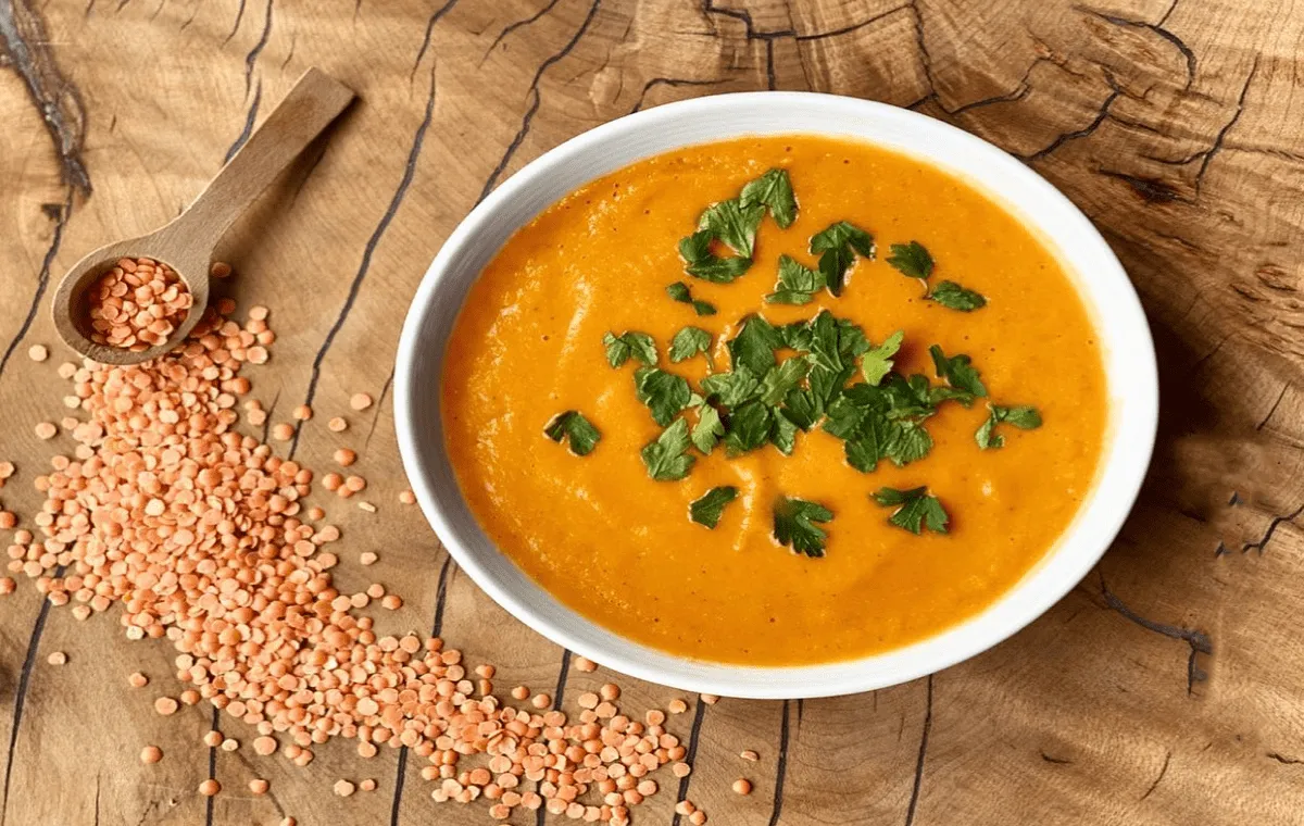 یک ظرف خوراک دال عدس یا عدس قرمز که غذای ساده برای دورهمی های دوستانه است روی میز است