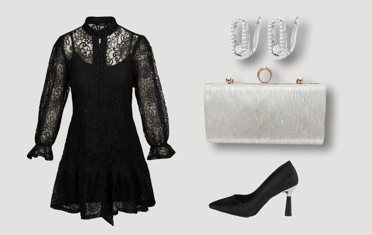 استایل پیراهن گیپور مشکی کوتاه با کیف و کفش مجلسی زنانه