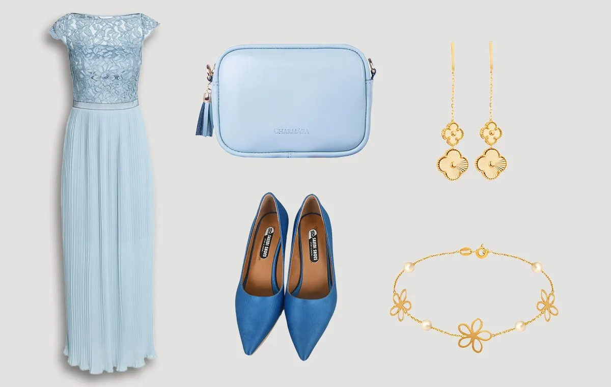 بهترین استایل با پیراهن گیپور بلند در تم رنگ آبی