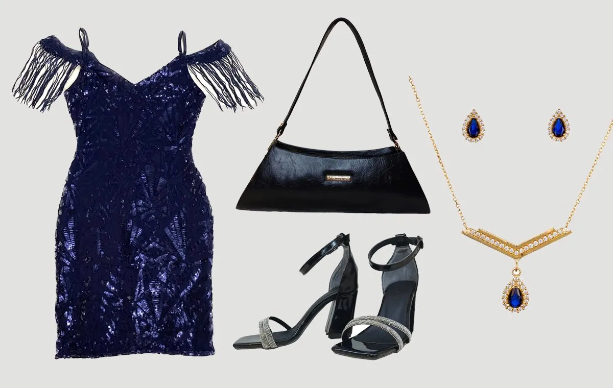 استایل با پیراهن گیپور آبی و نیم‌ست جواهر