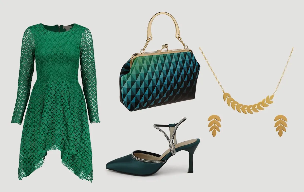 استایل با پیراهن گیپور و کیف و کفش سبز رنگ