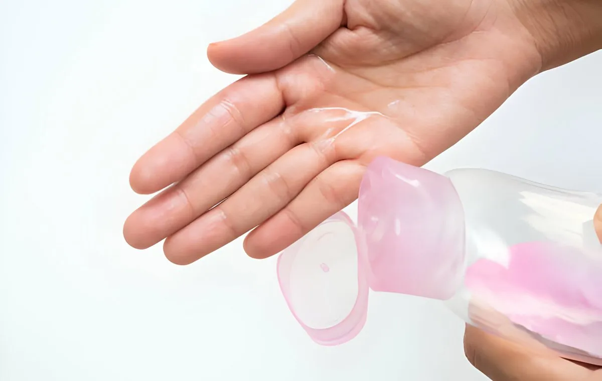 شخصی که روغن بچه را روی کف دست خود ریخته است