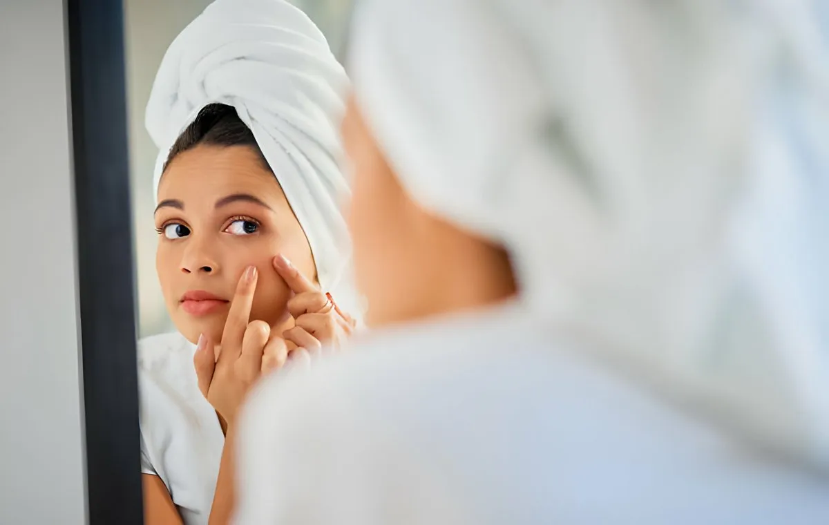 یک زن جوان که در آینه به جوش روی صورت خود نگاه میکند