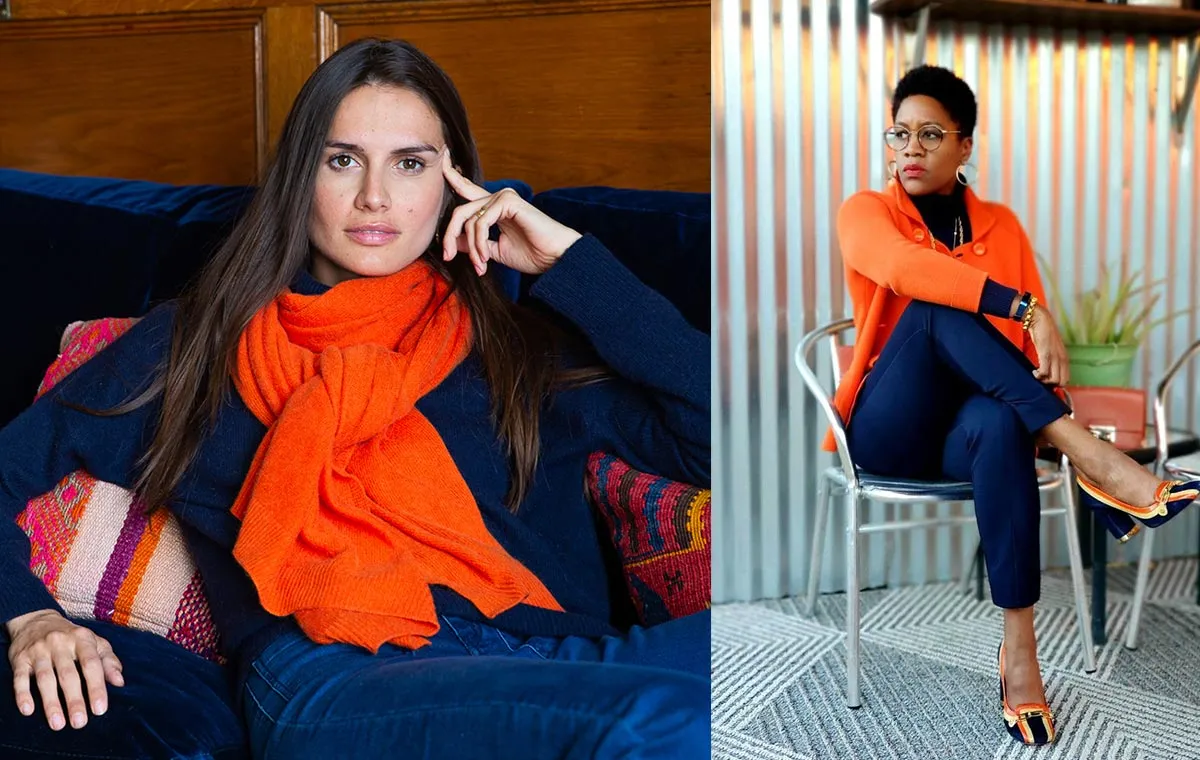 رنگ‌های مکمل سرمه‌ای و نارنجی در استایل خانم‌ها
