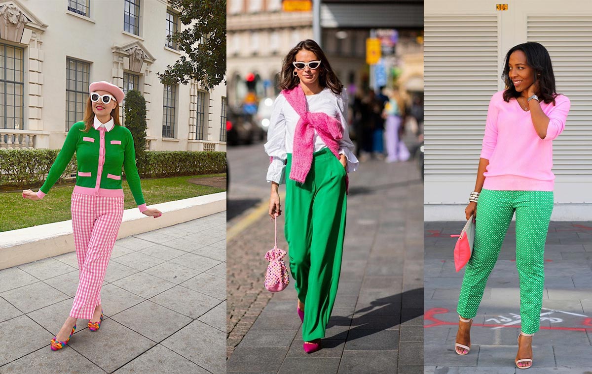 ترکیب رنگ سبز و صورتی برای لباس خانم‌ها