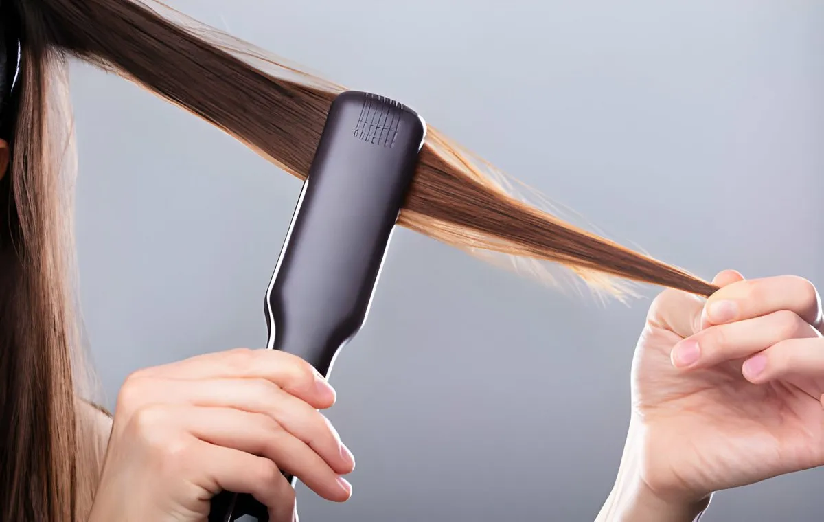 یک زن که موهای خود را با اتو صاف می‌کند