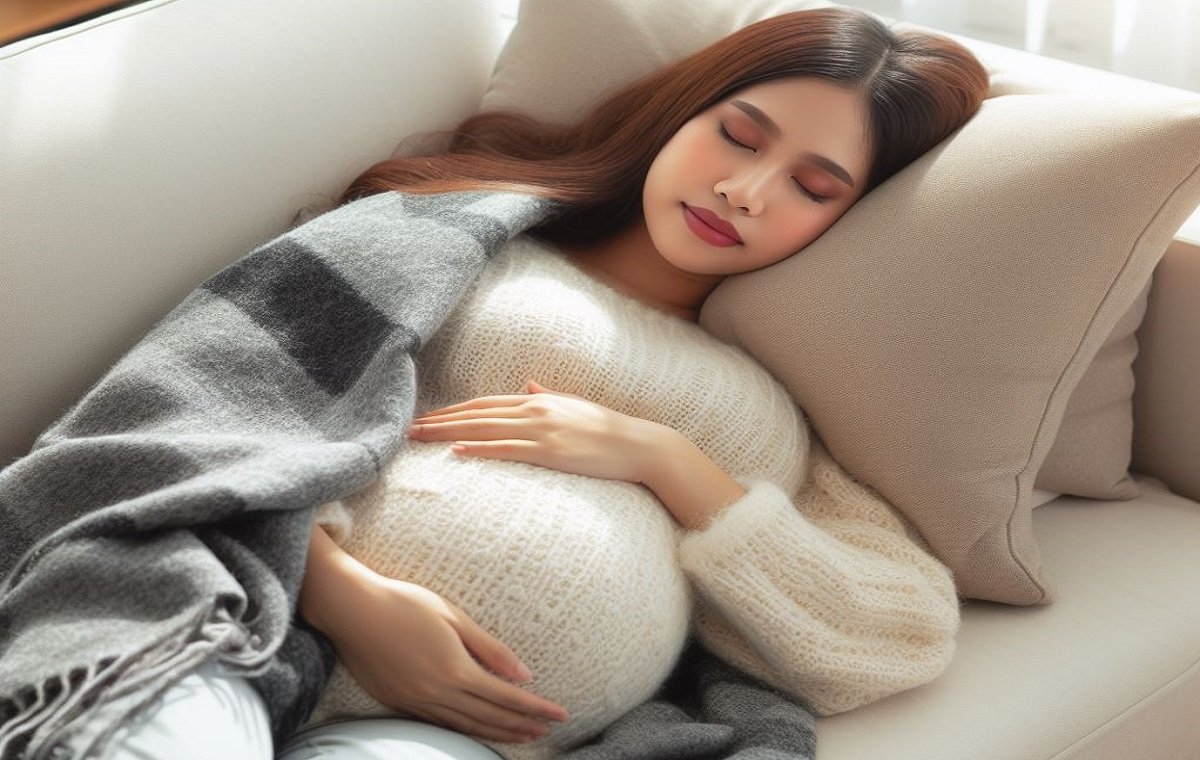 یک خانم باردار در بهترین حالت خواب برای خانم های بادار خوابیده است