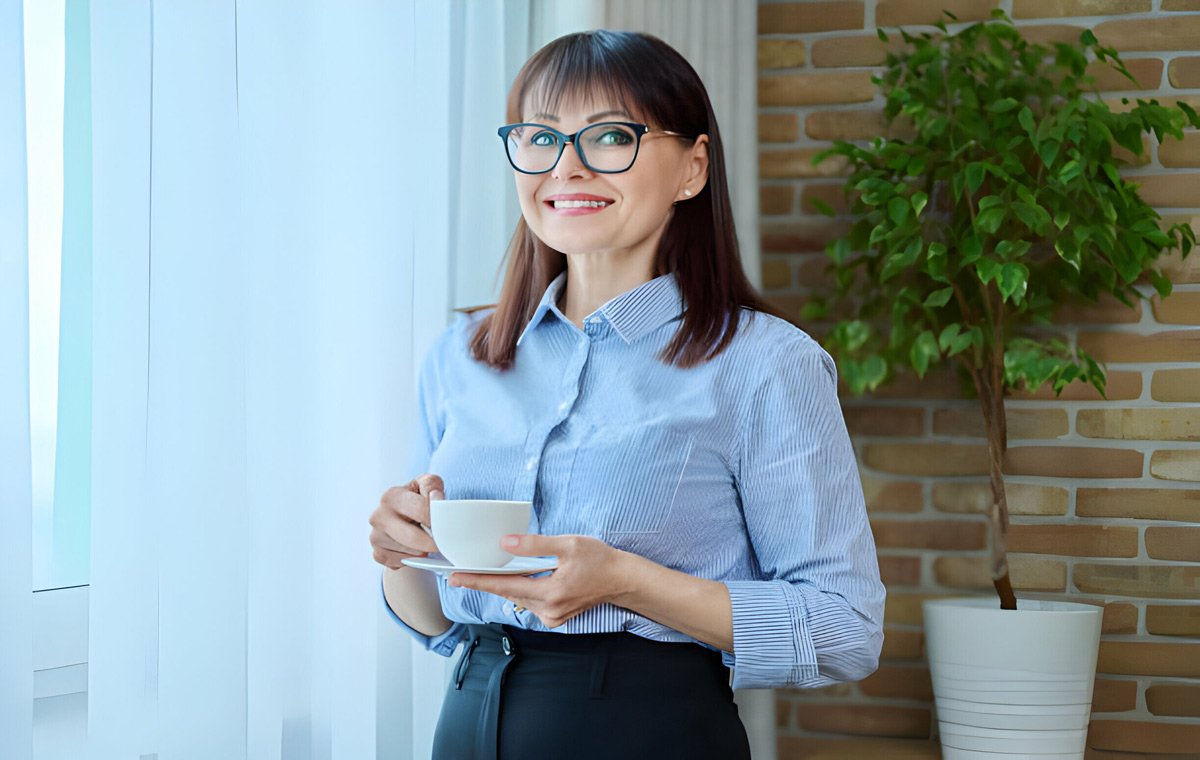 یک زن با صورت گرد که کنار پنجره ایستاده است و قهوه می‌خورد