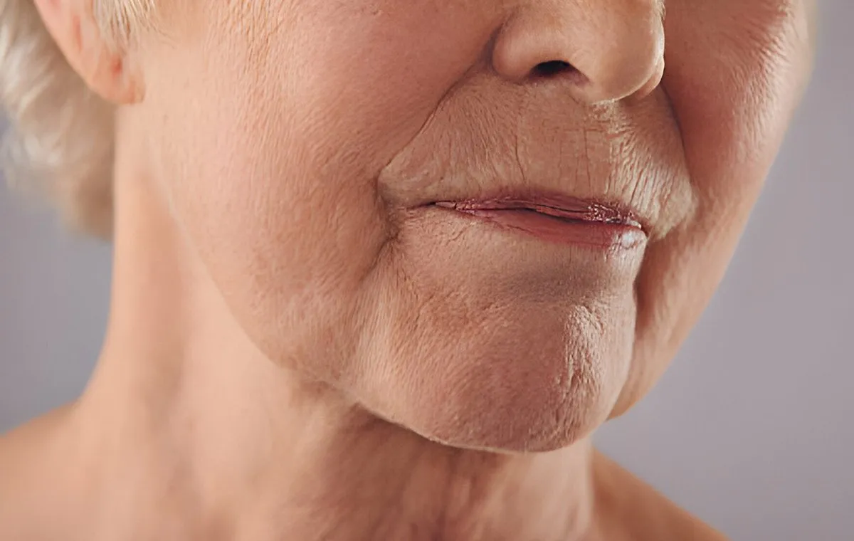 صورت یک زن سالمند که روی آن چین‌وچروک ایجاد شده است